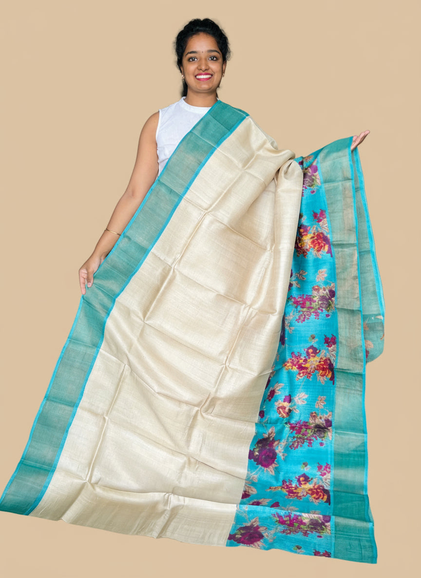 Cream and Blue Tussar Silk Saree with Prints