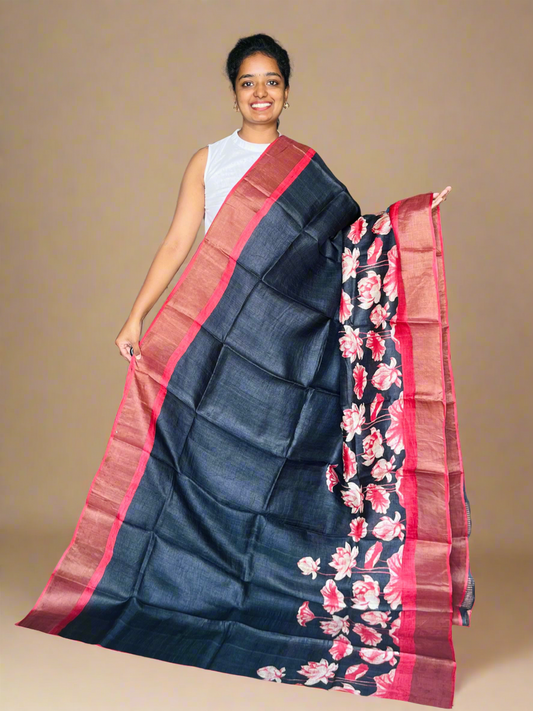 Black and Red Tussar Silk Saree with Prints