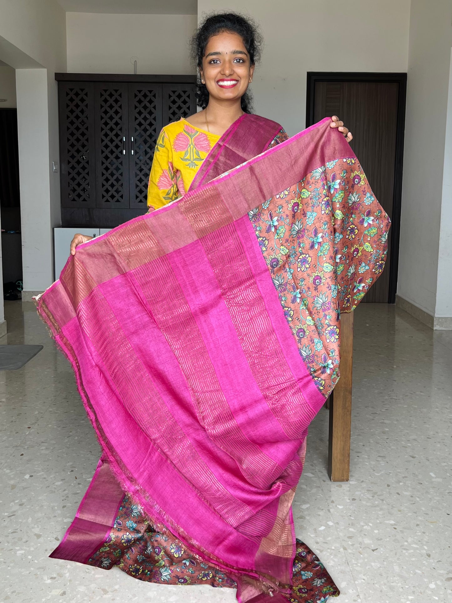 Brown and Pink Tussar Silk Saree with Prints