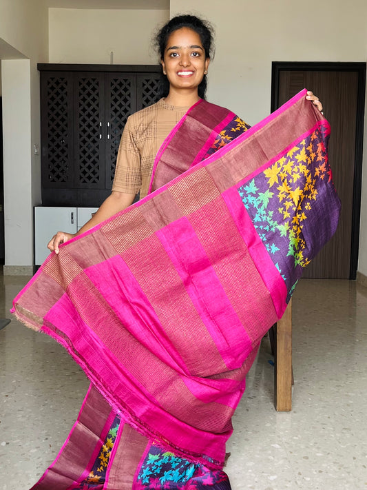 Violet and Pink Tussar Silk Saree with Prints