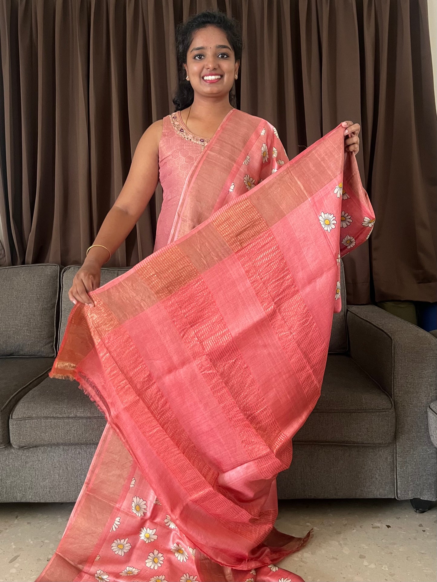 Peach Tussar Silk Saree with Prints