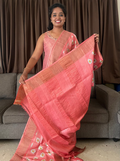 Peach Tussar Silk Saree with Prints