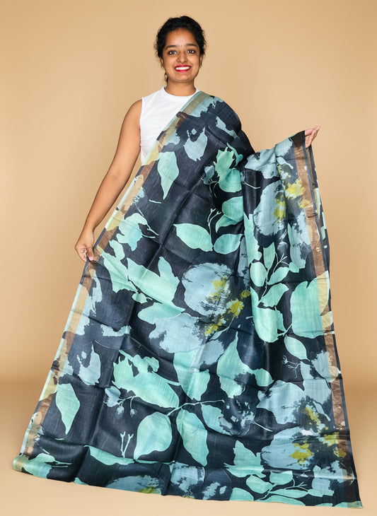 Black and Blue Tussar Silk Saree with Prints