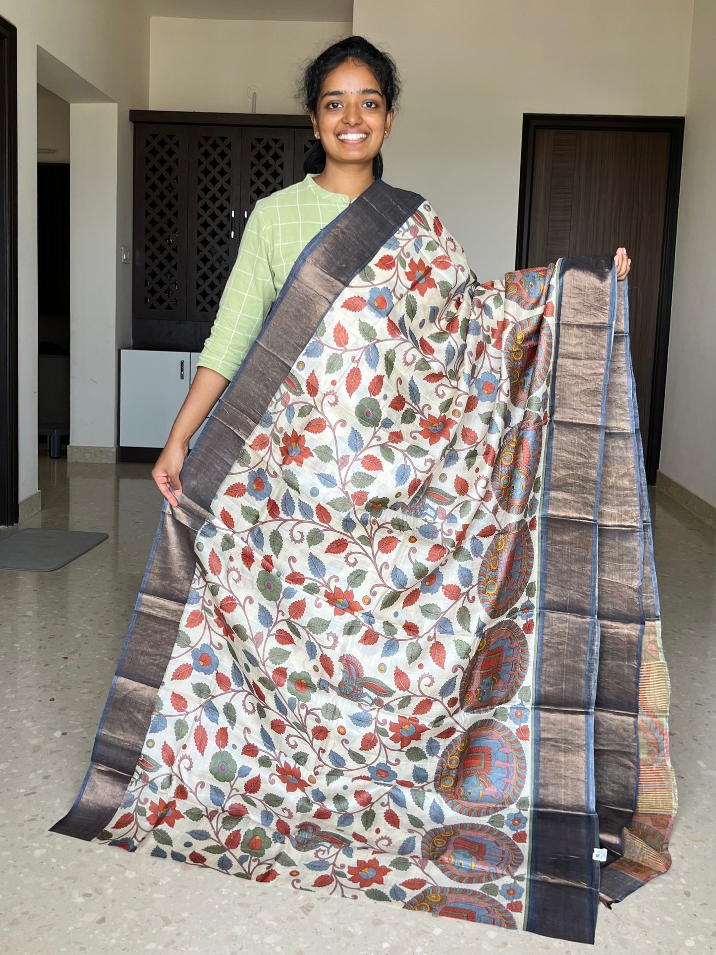 Cream and Grey Tussar Silk Saree with Kalamkaari  Prints