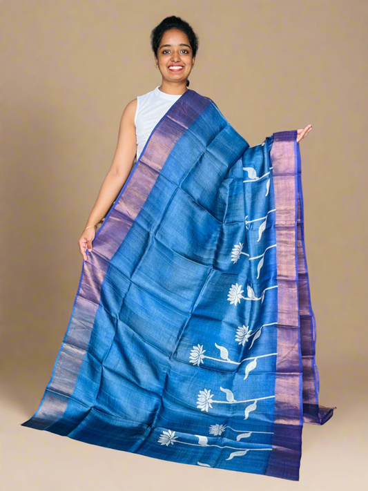 Royal Blue Tussar Silk Saree with Prints