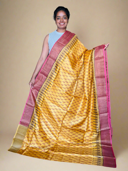 Yellow and Red Tussar Silk Saree with Prints