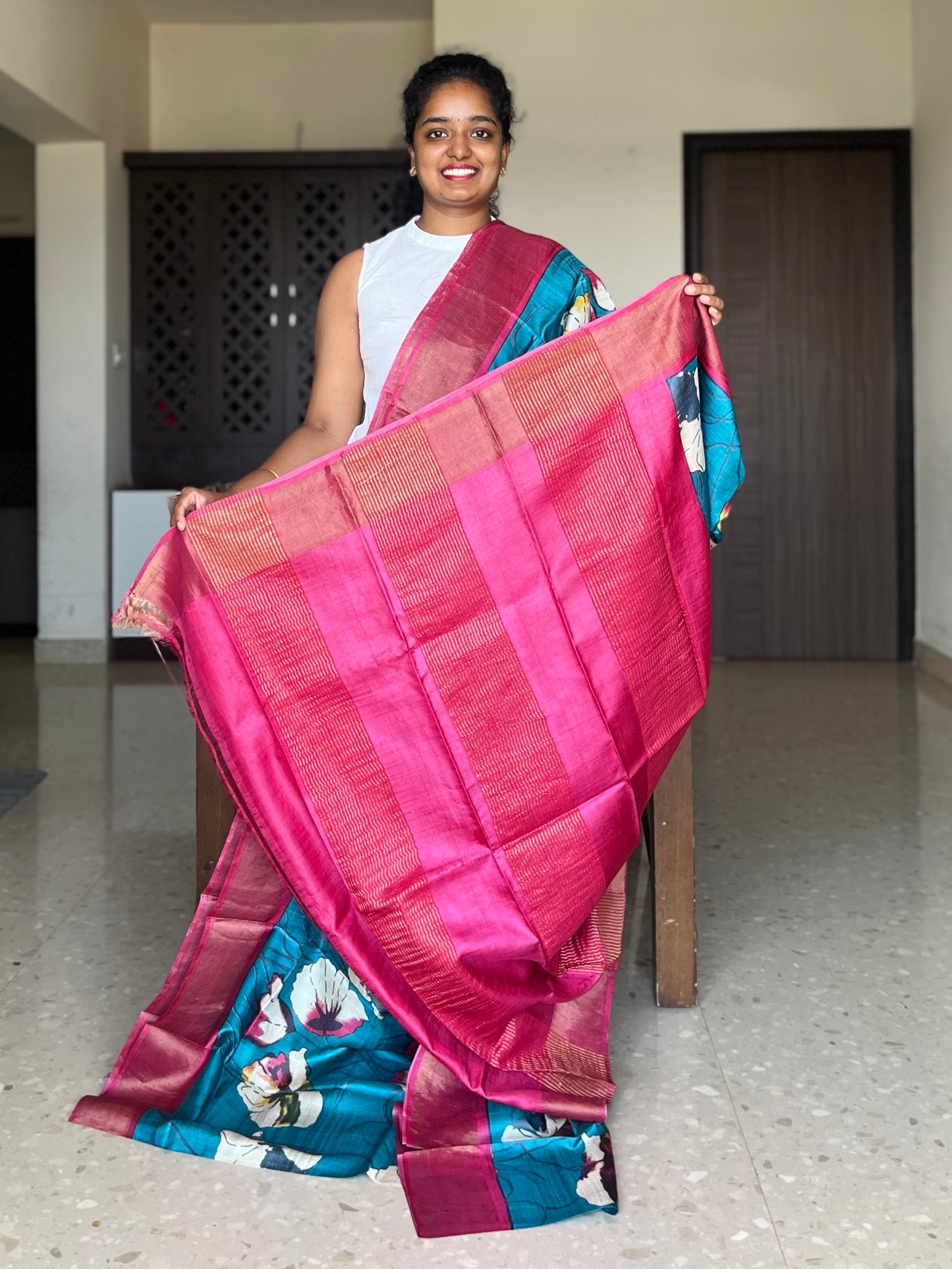 Teal and Red Tussar Silk Saree with Prints