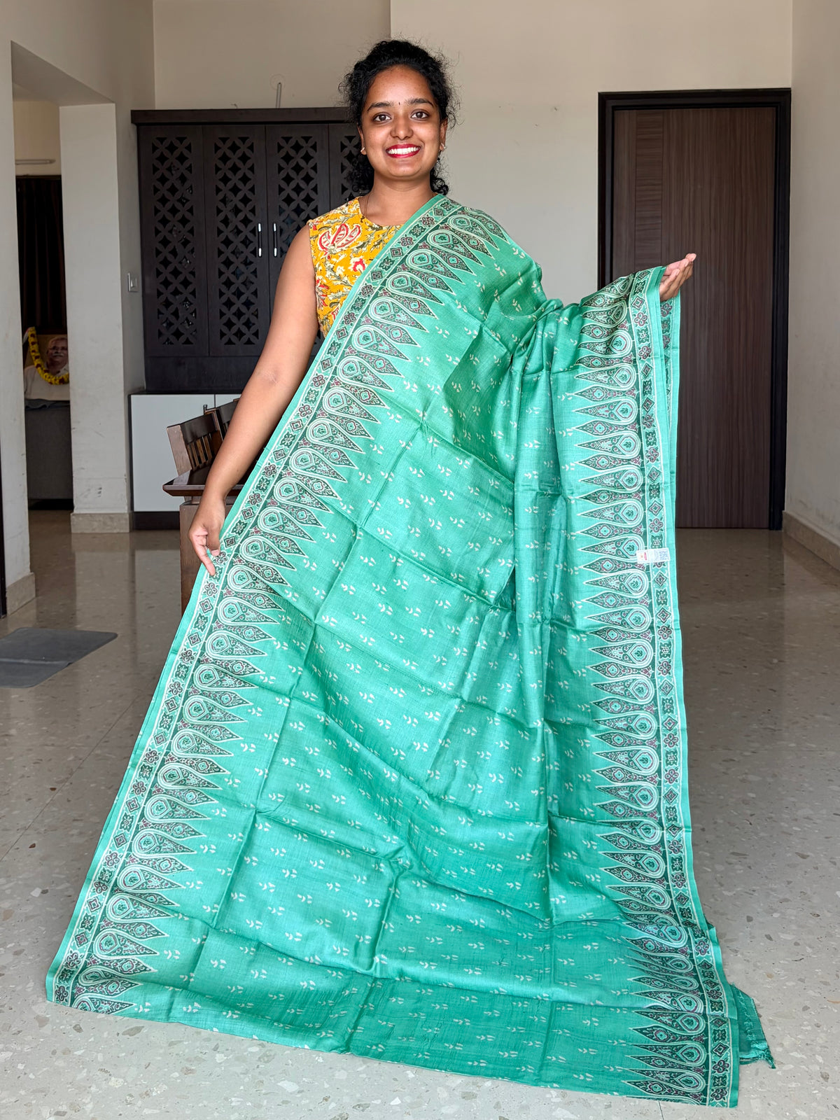 Green Tussar Silk Saree with Prints