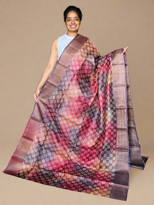 Brown Tussar Silk Saree with Prints