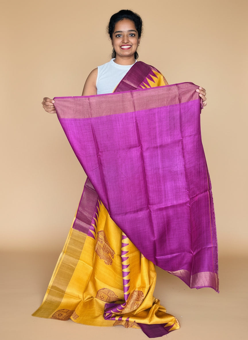 Yellow and Purple Tussar Silk Saree with Prints