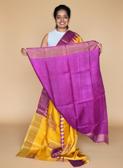 Yellow and Purple Tussar Silk Saree with Prints