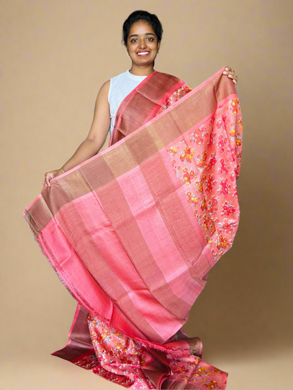 Peach Tussar Silk Saree with Prints