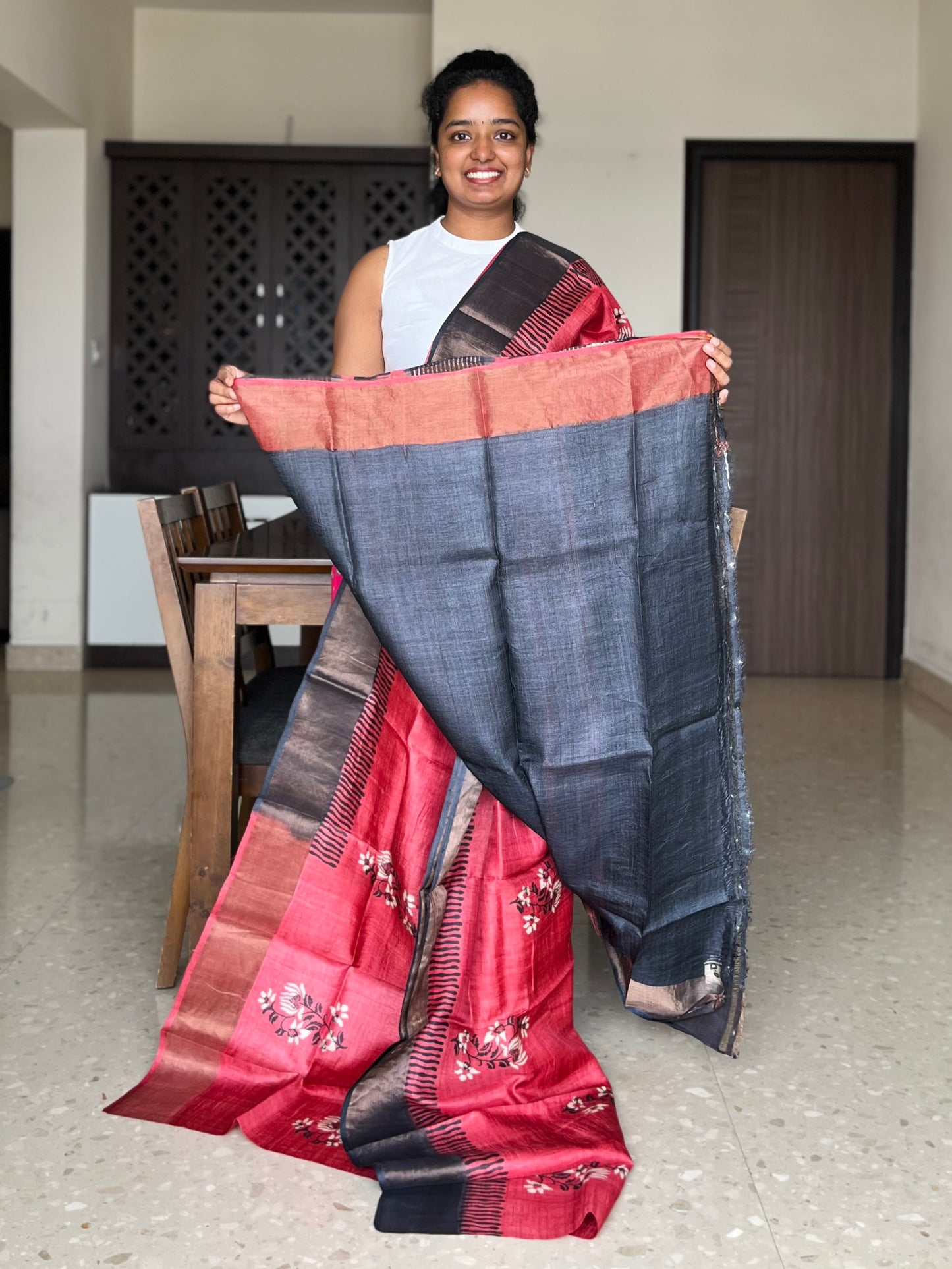Red Tussar Silk Saree with Prints