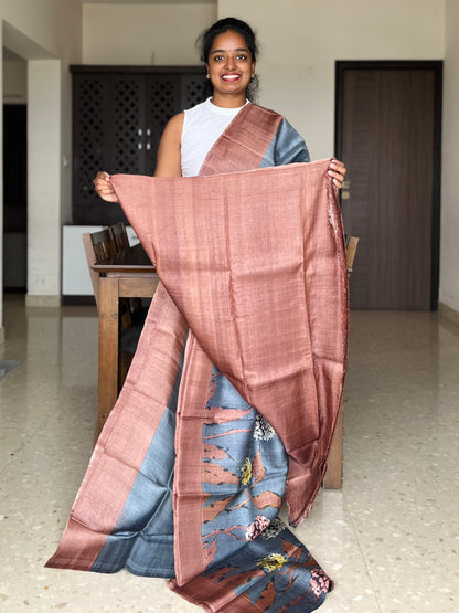 Brown and Grey Tussar Silk Saree with Printsr