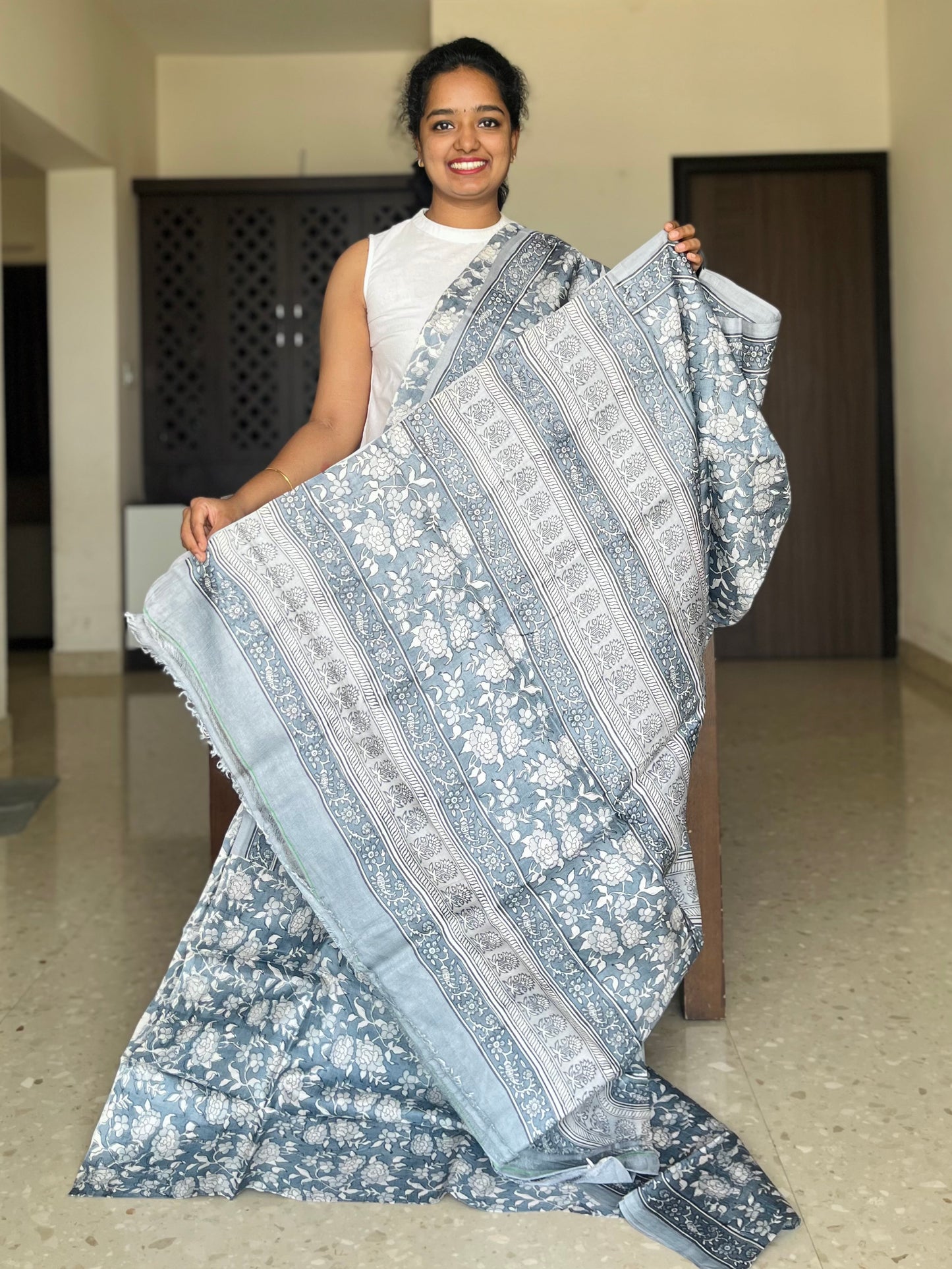 Grey Tussar Silk Saree with Prints