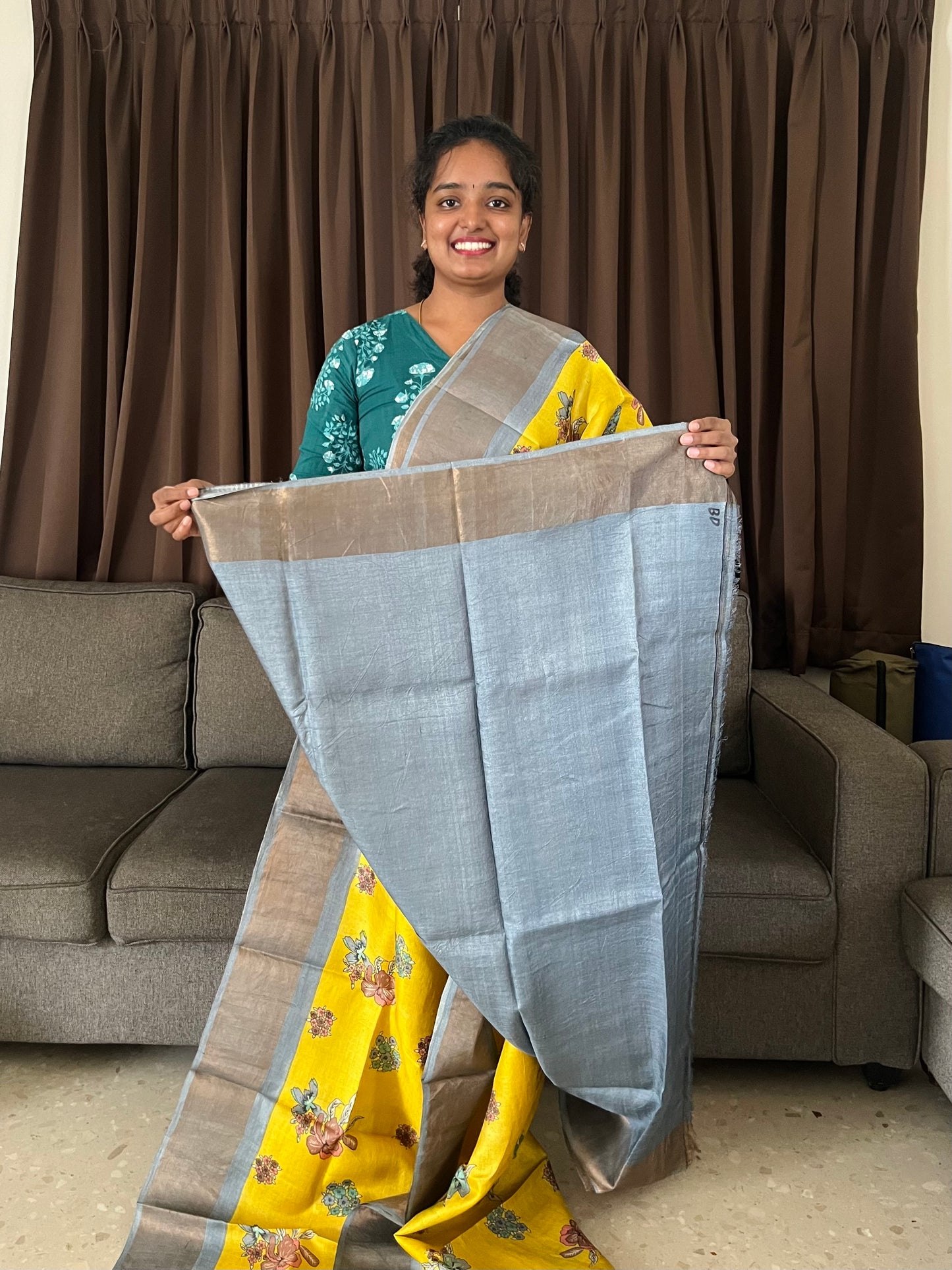 Yellow and Grey Tussar Silk Saree with Prints