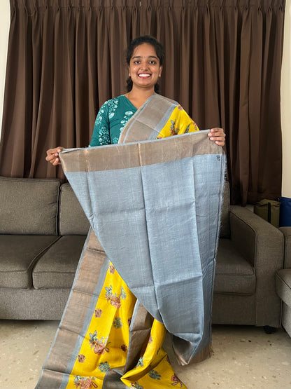 Yellow and Grey Tussar Silk Saree with Prints