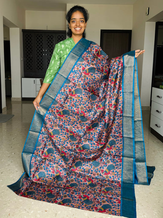Petal Pink and Blue Tussar Silk Saree with Prints