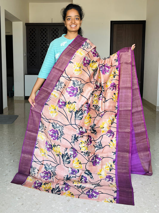 Baby Pink and Violet Tussar Silk Saree with Prints