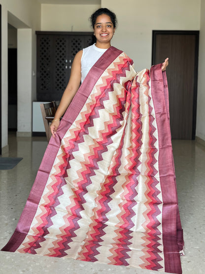 Cream and Maroon Tussar Silk Saree with Prints