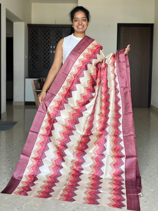 Cream and Maroon Tussar Silk Saree with Prints