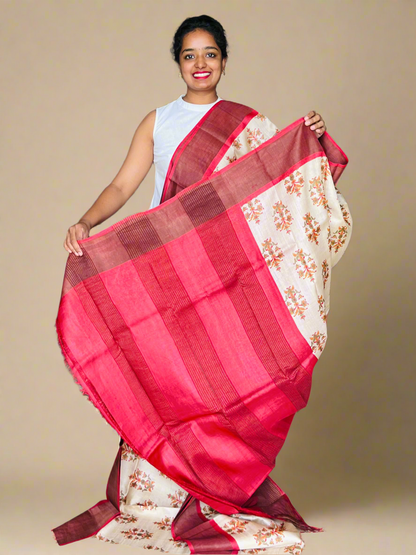 Cream and Red Tussar Silk Saree with Prints
