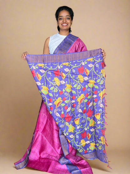 Magenta and Purple Tussar Silk Saree with Prints