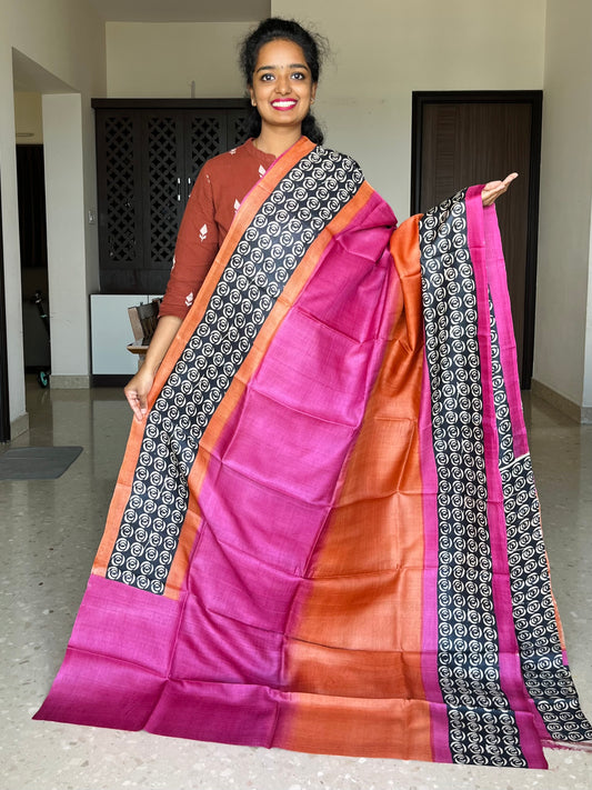 Pink and Orange Tussar Silk Saree with Prints