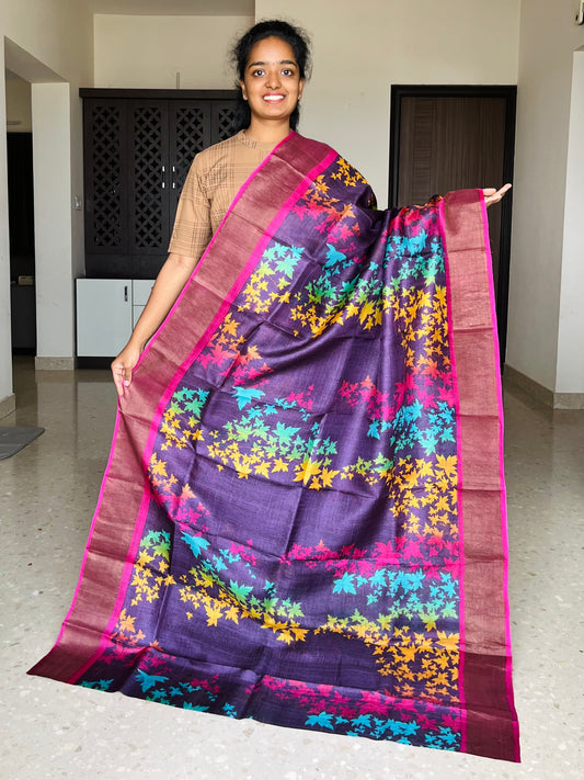 Violet and Pink Tussar Silk Saree with Prints