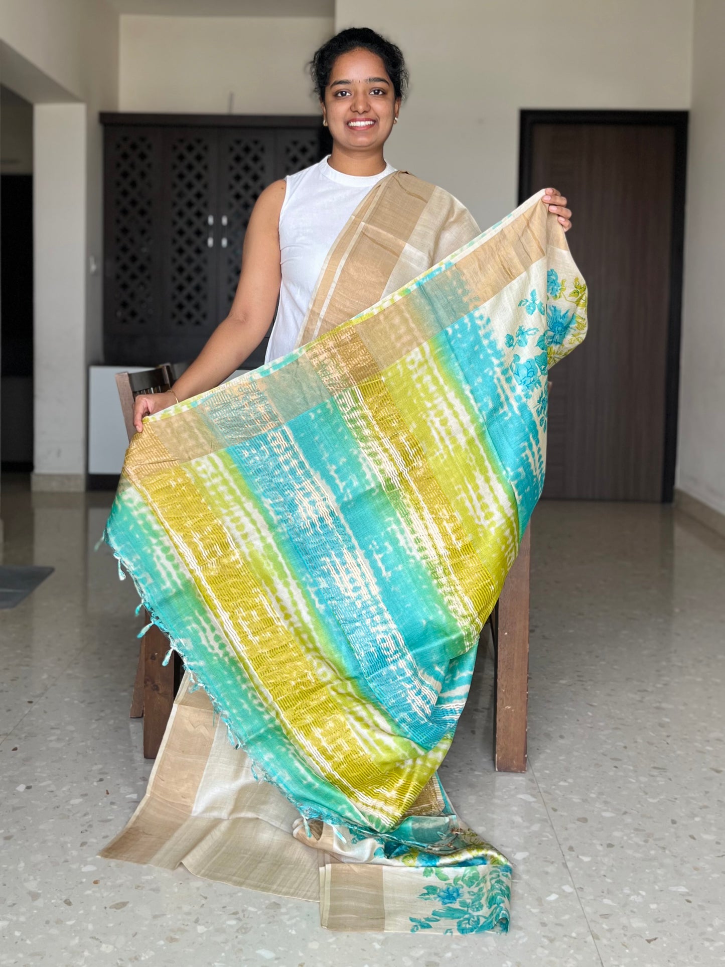 Cream Tussar Silk Saree with Prints