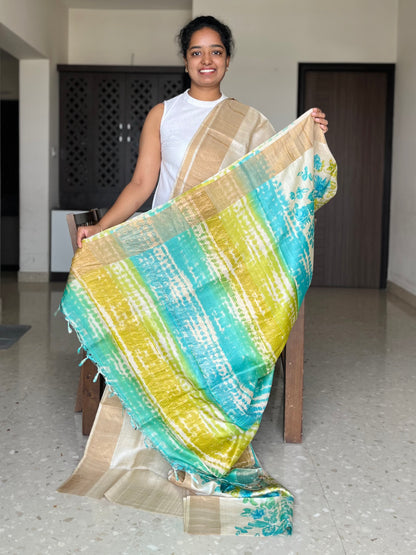 Cream Tussar Silk Saree with Prints