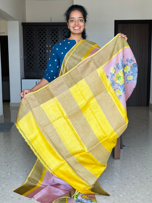 Onion Pink and Yellow Tussar Silk Saree with Prints