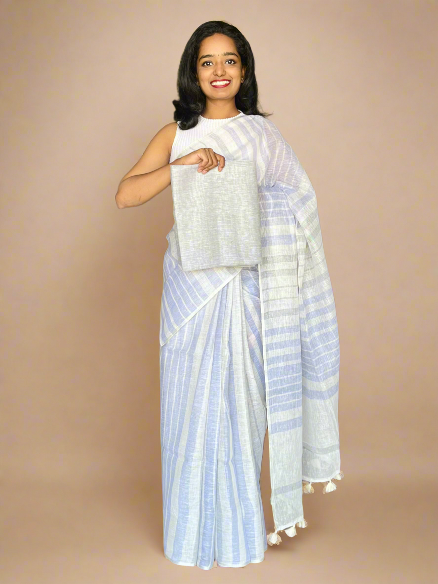 White  Linen Saree With Woven Purple and Grey Stripes