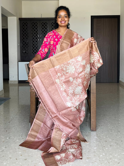 Peach Tussar Silk Saree with Prints