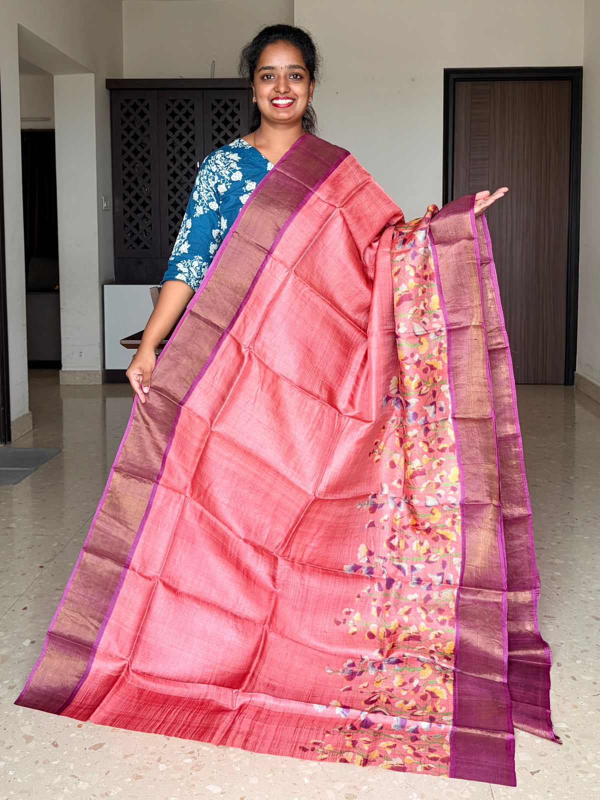Peach and Violet Tussar Silk Saree with Prints