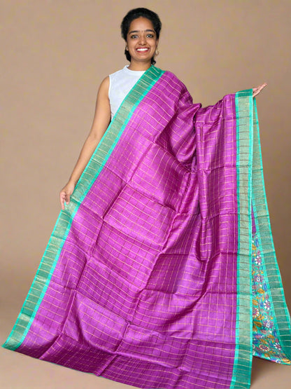 Magenta and Cyan Tussar Silk Saree with Prints