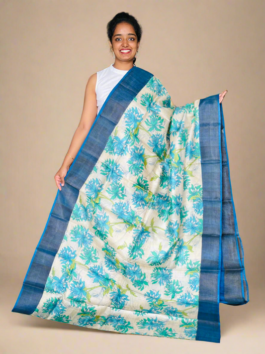 Cream and Blue Tussar Silk Saree with Prints