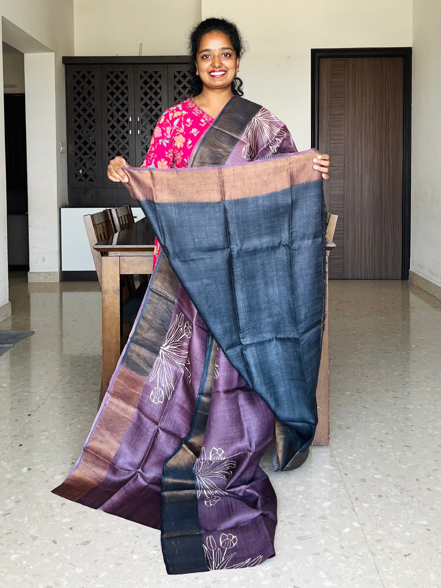 Plum and Black Tussar Silk Saree with Prints