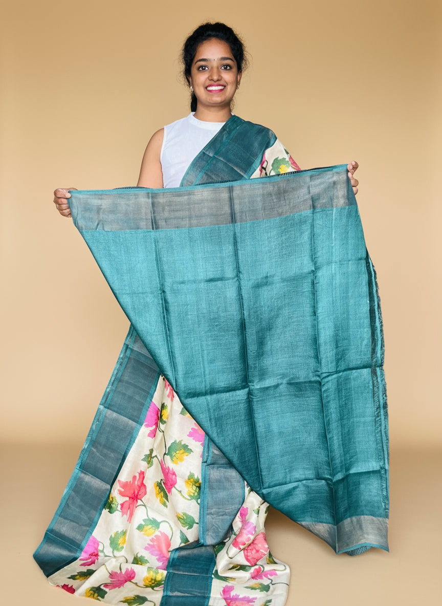 Cream and Green Tussar Silk Saree with Prints