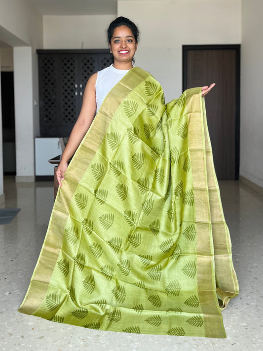 Lime Green Tussar Silk Saree with Prints
