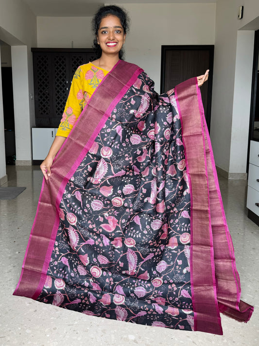 Black and Pink Tussar Silk Saree with Prints