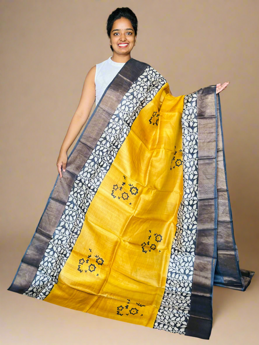 Yellow and Black Tussar Silk Saree with Prints