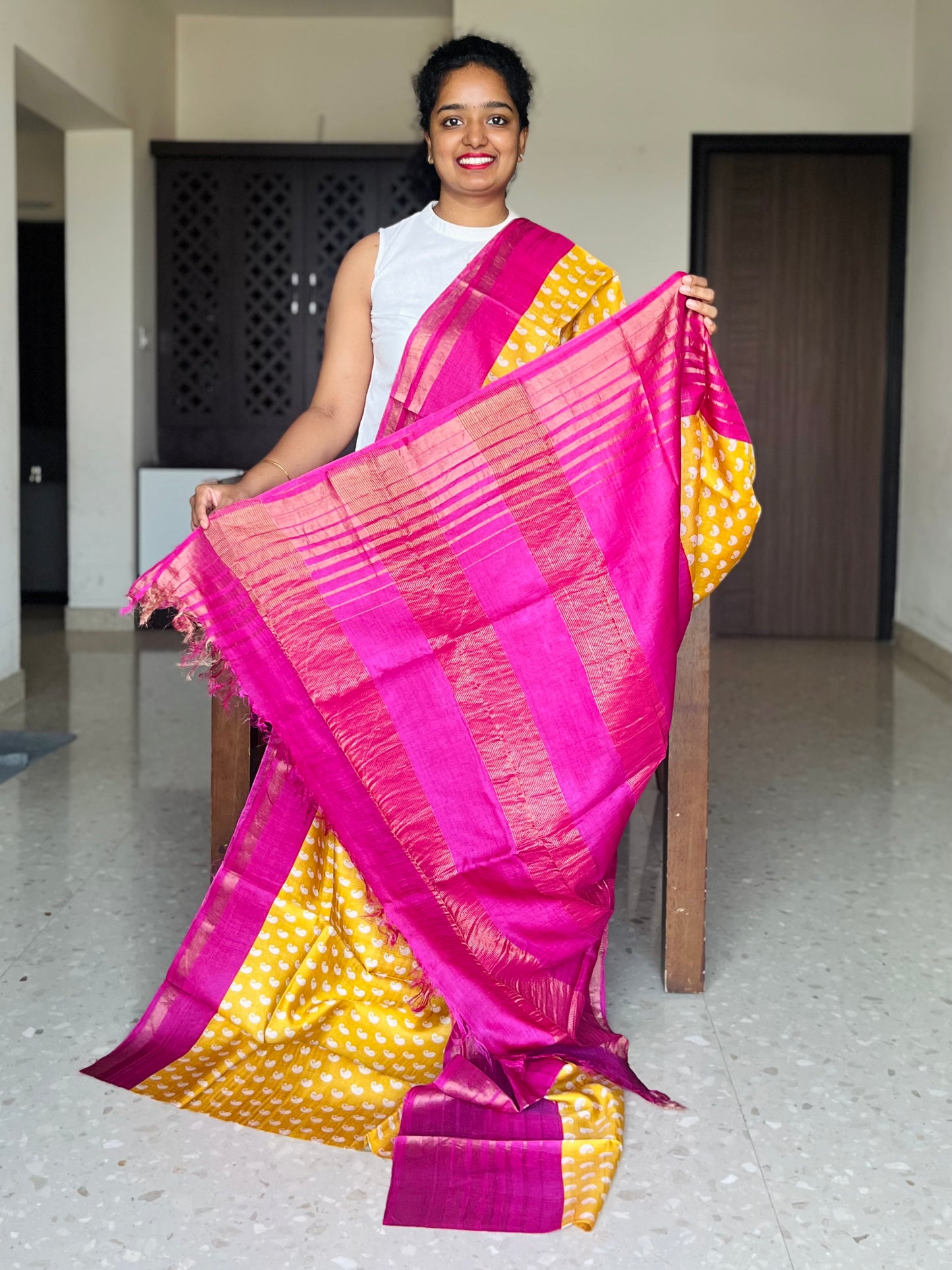Yellow and Magenta Tussar Silk Saree with Prints