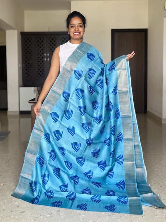 Blue Tussar Silk Saree with Prints