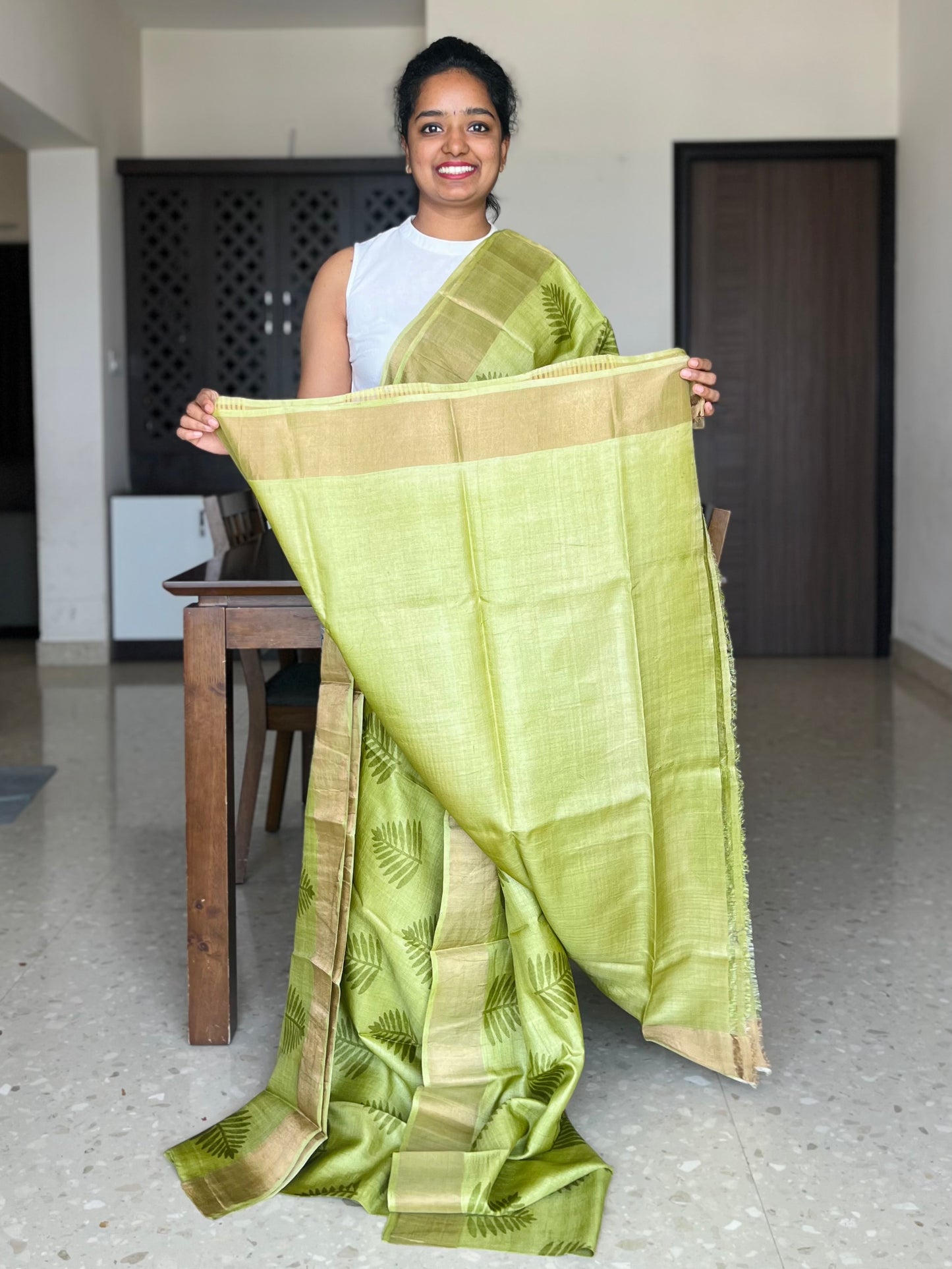 Lime Green Tussar Silk Saree with Prints