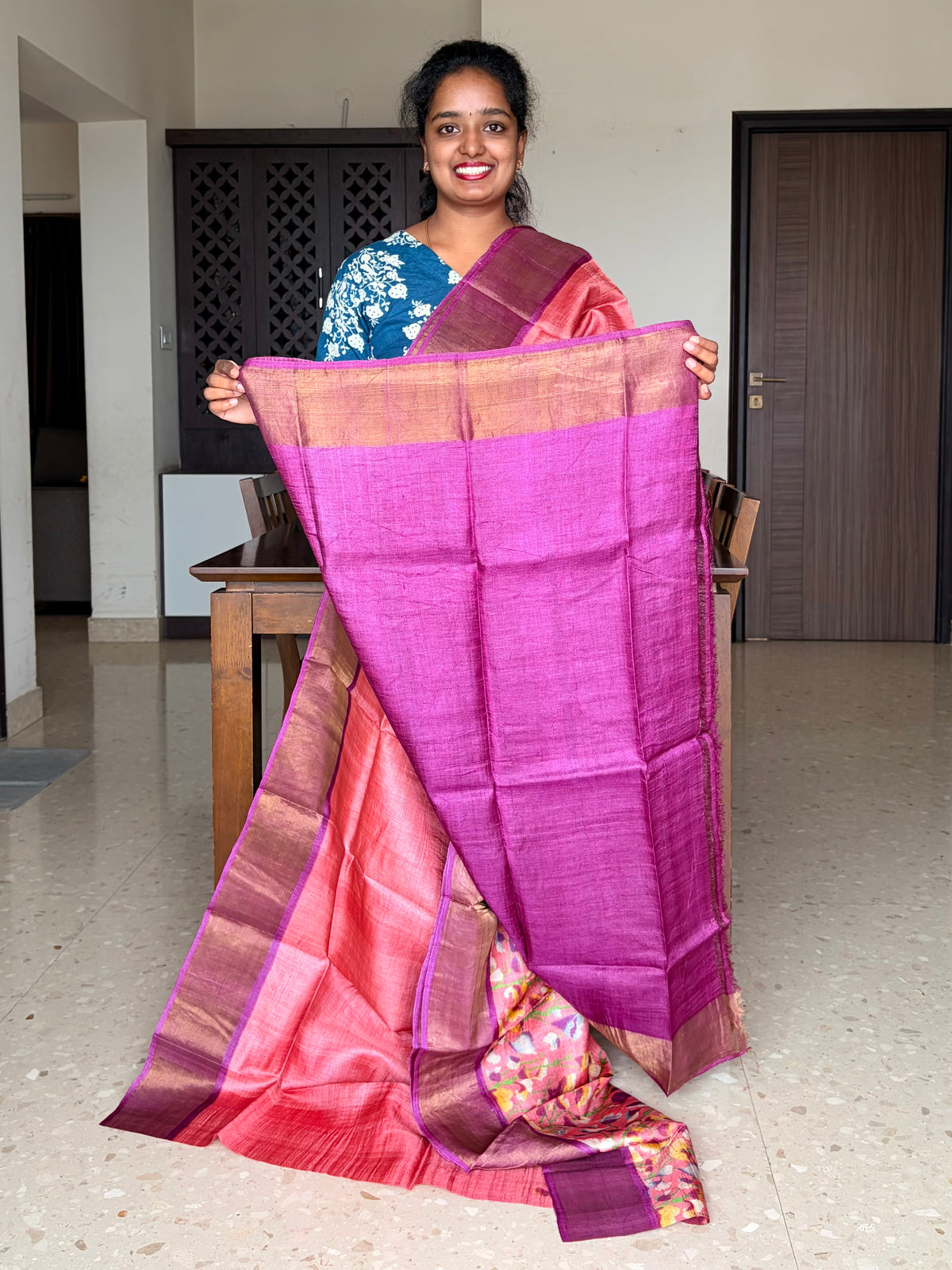 Peach and Violet Tussar Silk Saree with Prints