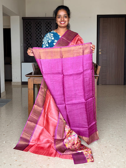Peach and Violet Tussar Silk Saree with Prints