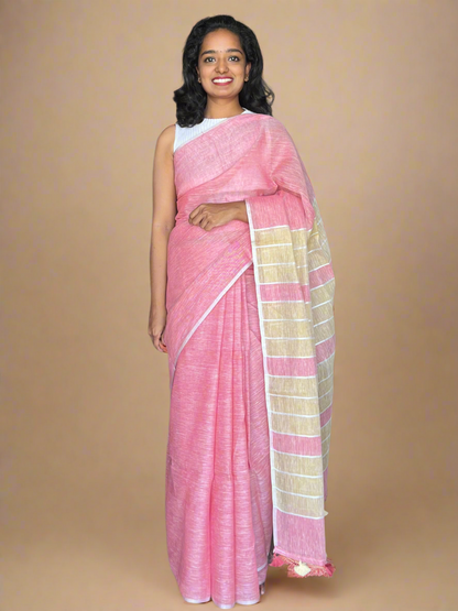 Pink and Yellow Linen Saree