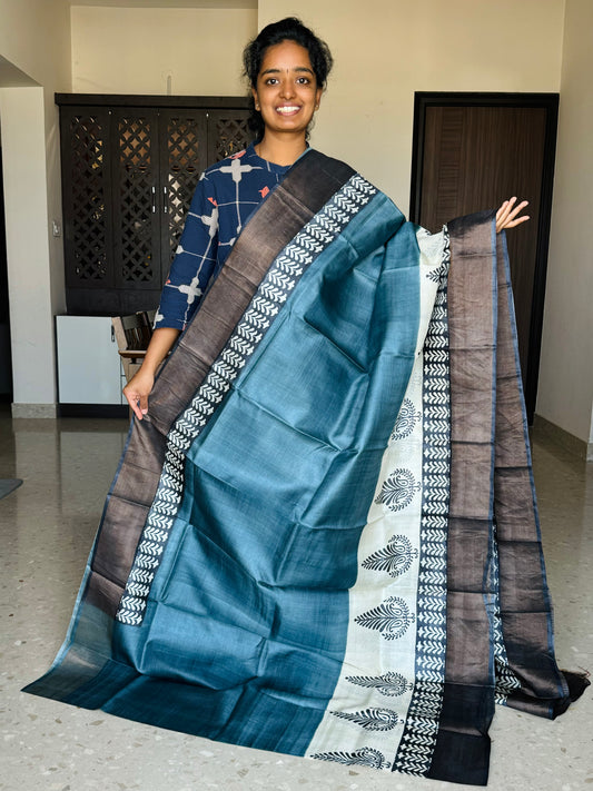 Grey and Black Tussar Silk Saree with Prints