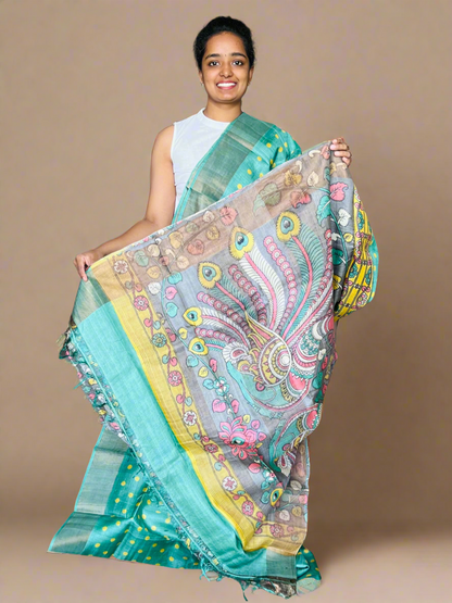 Olive Green Tussar Silk Saree with Prints